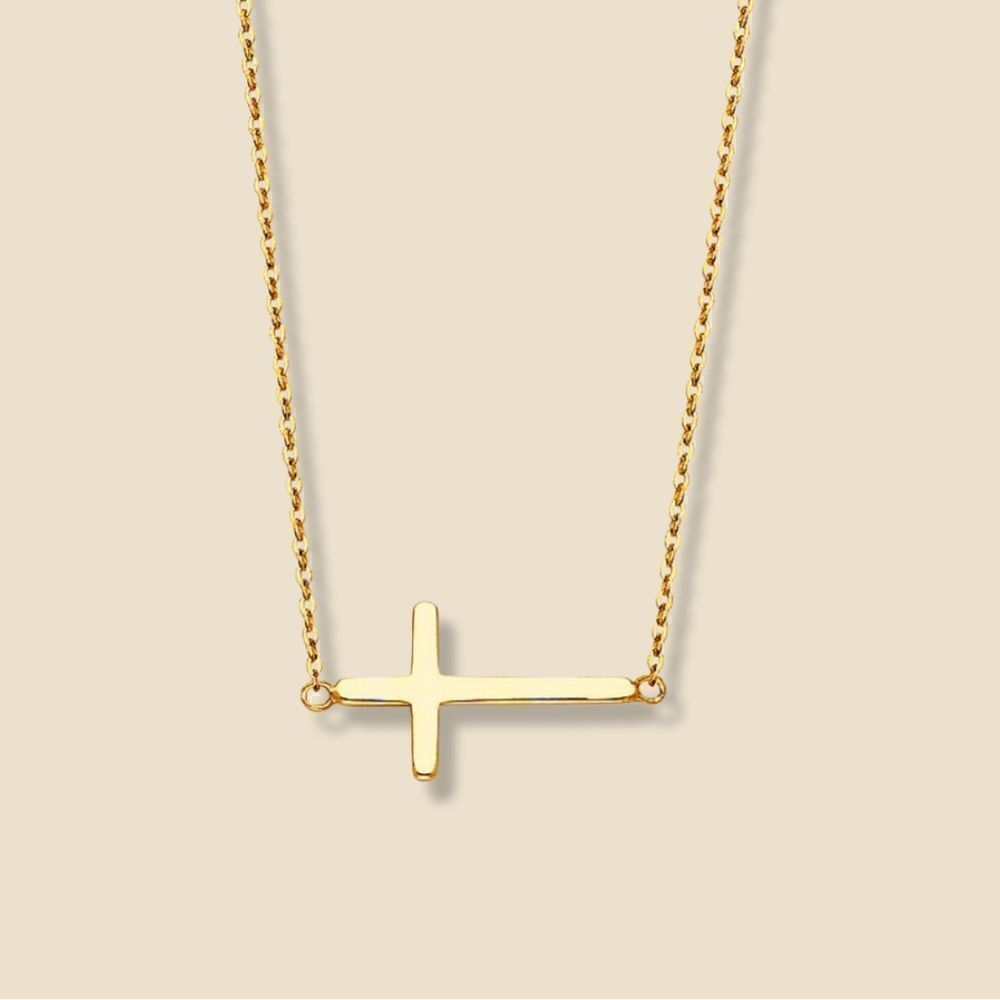 14K Solid Gold Sideways Cross Necklace | A Gift of Devotion and Style |